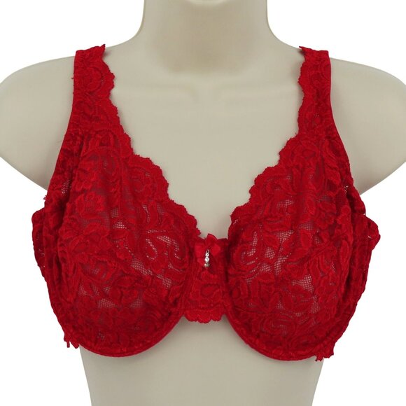 Secret Treasures 38D Bra Rhinestone Sheer Solid Red Lace Mesh Underwire Unlined - Picture 1 of 15